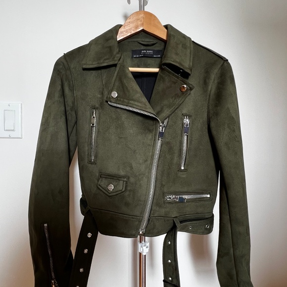 Zara Jackets & Blazers - Zara Olive Green Cropped Moto Jacket